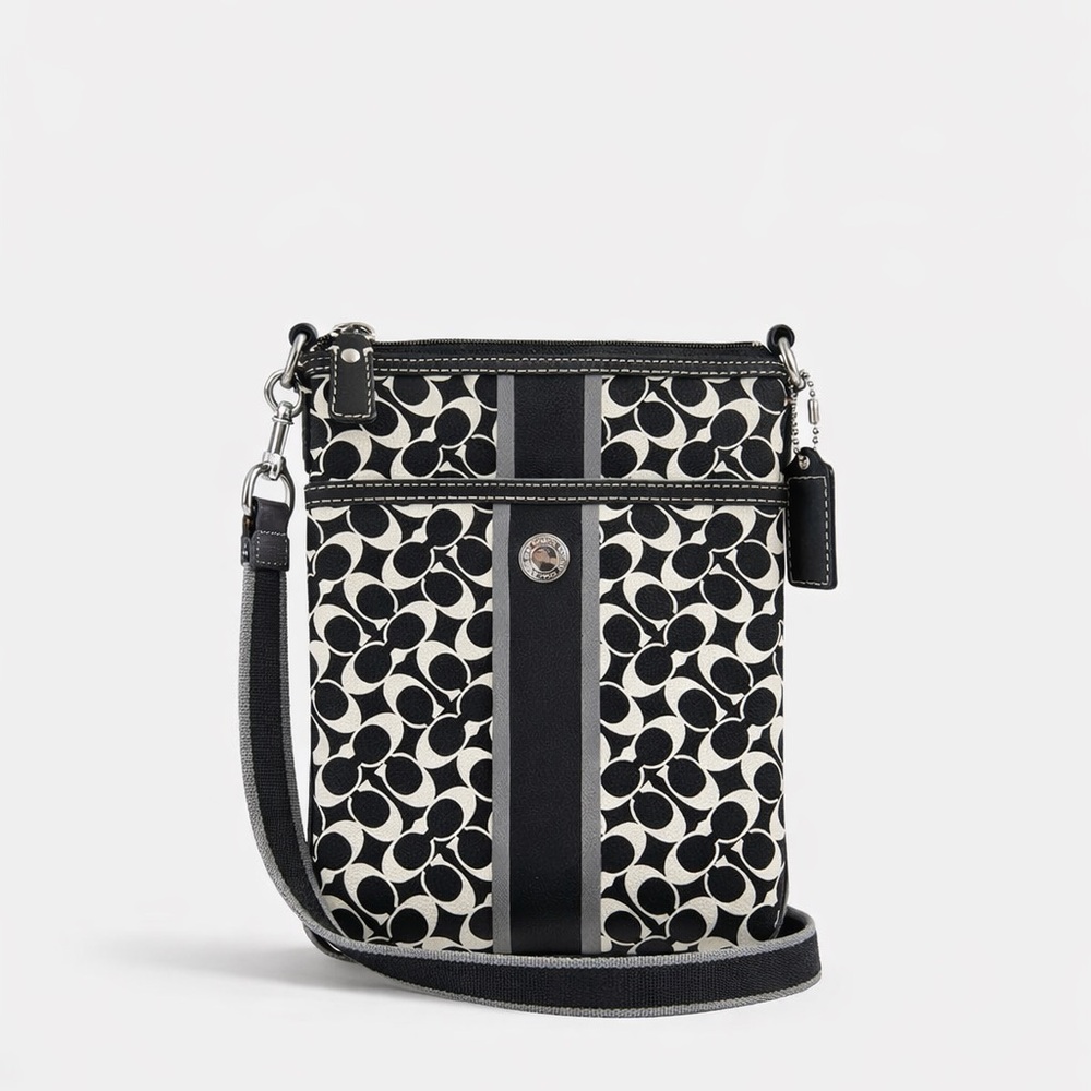 Coach Signature Crossbody Bag Black White Logo Stripe Small